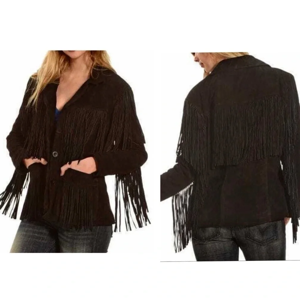 Vintage RENAISSANCE Western Fringe Black Leather / Suede Jacket Women's Size S